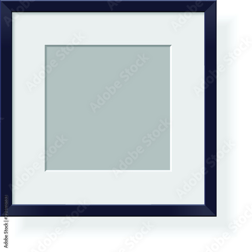 Isolated black plastic frame on white background with white mat and gray paper inside. Empty picture frame on transparent background.  Realistic vector image. Template  mockup.
