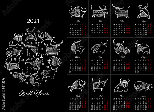 Happy new year, Calendar 2021. Bull, ox, cow.