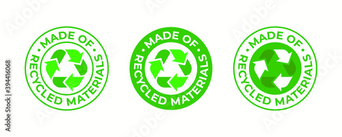 Recycling icon, made of recycled materials, vector, recyclable package sign. Green eco bio recycled and biodegradable plastic, pack bag recycling logo