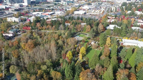 Drone reveal footage of Bellevue, Washington downtown with residential and commercial highrise buildings along Interstate highway 405 in King County photo