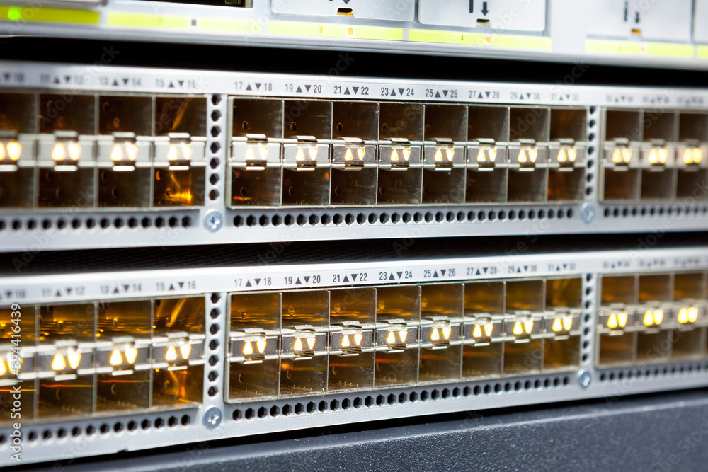 Network servers in a data center. Tier III carrier neutral data center. Server rooms.