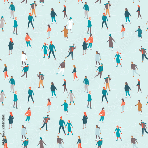 Happy people skating on the ice rink. Men and Women Characters Have Fun Together. Christmas Holidays Concept. Cozy winter evening activities. Seamless pattern.
