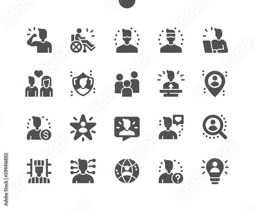 People. Grouping people. Humanity, versatile person, celebrity, community, leader, beloved, scientist, disabled. Vector Solid Icons. Simple Pictogram