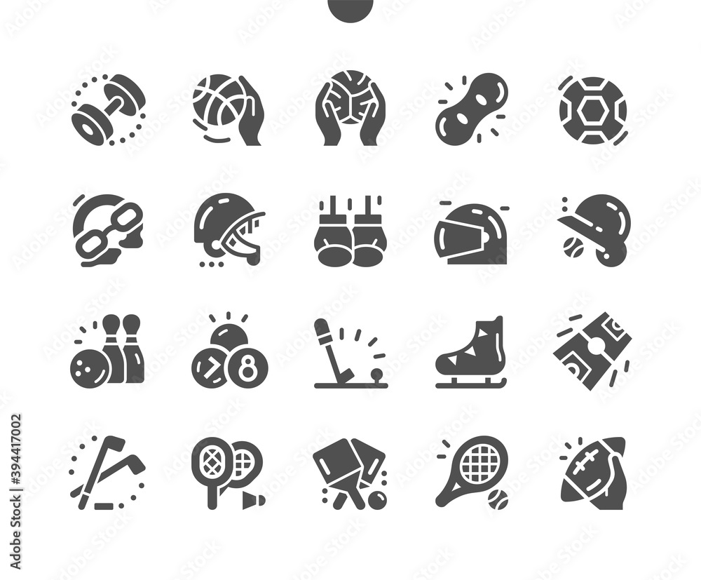 Sport equipment. Active lifestyle, sports. Soccer ball, volleyball, skates, motorcycle helmet, goggles, shuttlecock and badminton rackets. Vector Solid Icons. Simple Pictogram Sport equipment. Active lifestyle, sports. Soccer ball, volleyball, skates, motorcycle helmet, goggles, shuttlecock and badminton rackets. Vector Solid Icons. Simple Pictogram