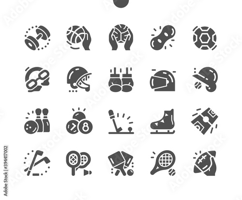 Sport equipment. Active lifestyle  sports. Soccer ball  volleyball  skates  motorcycle helmet  goggles  shuttlecock and badminton rackets. Vector Solid Icons. Simple Pictogram