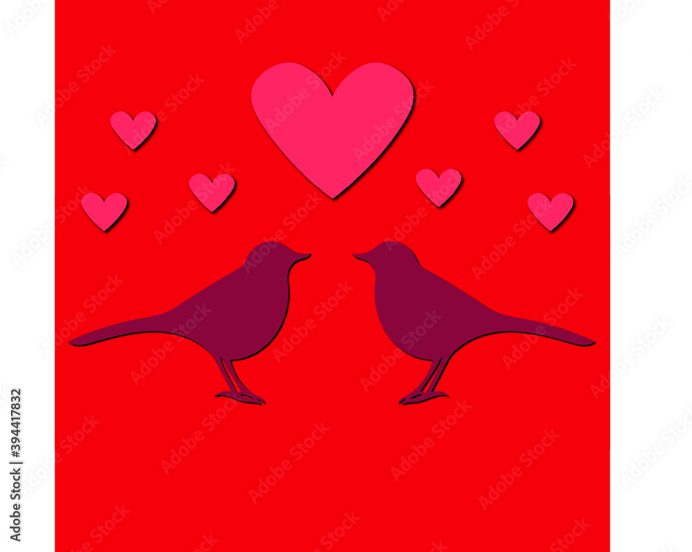 Two cute birds, a big heart and small hearts.  Color  vector illustration with silhouettes of birds and hearts for cards for Valentine's Day.