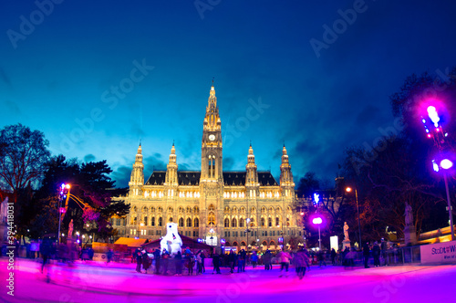 Photography Magic colorful ice skating in front of Vienna City Hall, Rathaus
