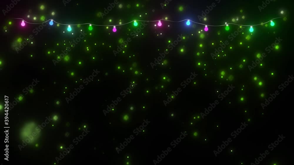 Light bulb string with flashing lights and glittering particles background. 3d rendering party, Christmas or new year background animation Light bulb string with flashing lights and glittering particles background. 3d rendering party, Christmas or new year background animation