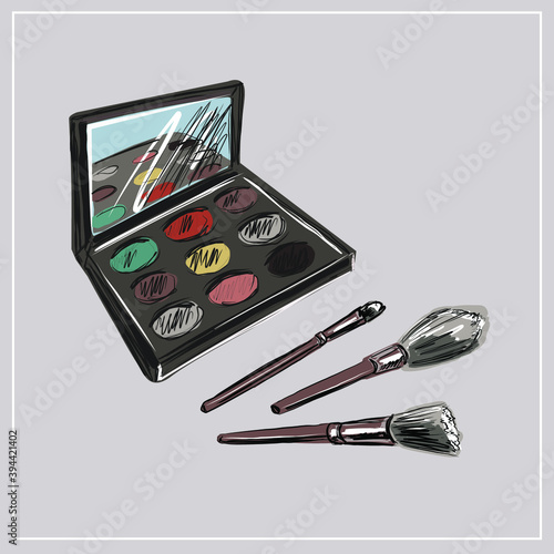 Cosmetic brushes, ball blush, eye shadow, powder, concealer, lipstick, cream, skin serum, nail polish. Perfume bottle, eau  de toilette, fragrance. Beauty shop, beauty box. set of decorative cosmetics