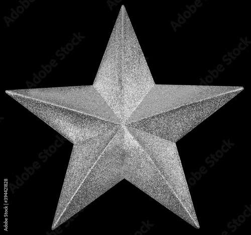 Silver colorChristmas Star isolated on The black Background.Top View Close-Up Silver color Star render..