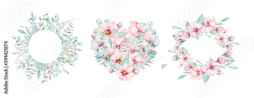 wreath of blossom pink cherry flowers in watercolor style with white background. Set of summer blooming japanese sakura branch decoration