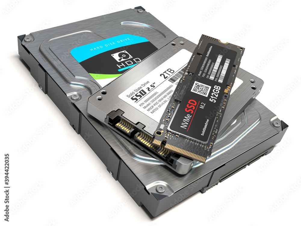 Hard disk drive hdd, solid state drive ssd and ssd m2 . Set of different  data storage devices isolated on white. ilustración de Stock | Adobe Stock