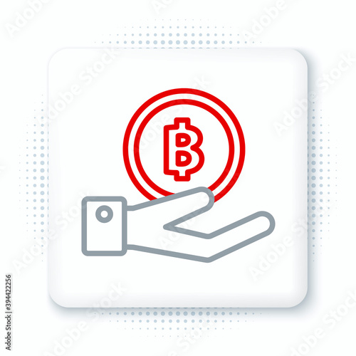 Line Hand holding Bitcoin icon isolated on white background. Blockchain technology, digital money market, cryptocoin wallet. Colorful outline concept. Vector.