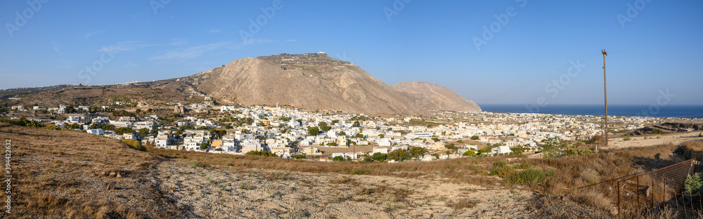 Panoramic view of Emporio and Perissa villages of Santorini, situated in the southern part of the island, at the foot of Profitis Ilias Mountain. Cyclades, Greece