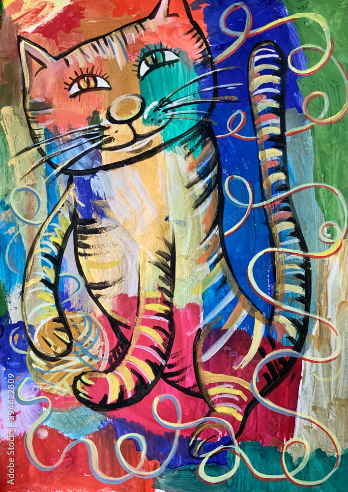 Children's drawing painted by paints. Cartoon funny cat. Children's drawing painted by paints. Cartoon funny cat.