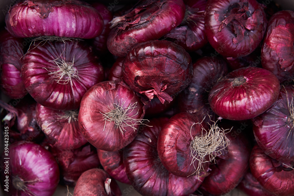Top view of the a lot of red onion