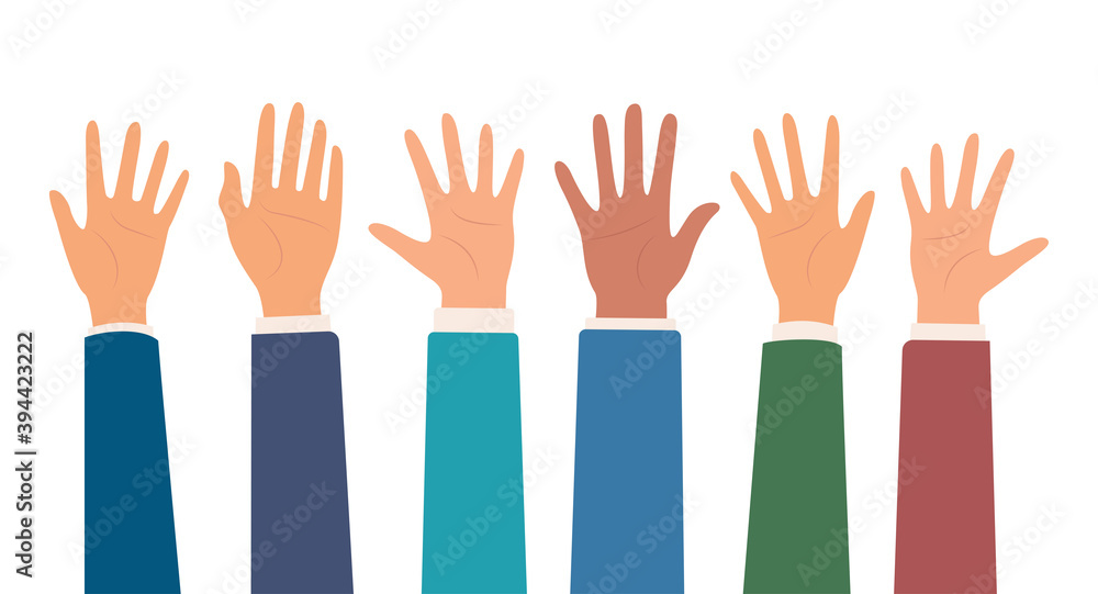 Multicultural crowd of people with hands up, teamwork of multinational team. Male and female hands. Teamwork, friendship, unity, help, volunteering concept. Vector illustration. Multicultural crowd of people with hands up, teamwork of multinational team. Male and female hands. Teamwork, friendship, unity, help, volunteering concept. Vector illustration.