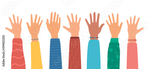 Multicultural crowd of people with hands up, teamwork of multinational team. Diverse young people, male and female, hands. Teamwork, friendship, unity, help, volunteering concept. Vector illustration.