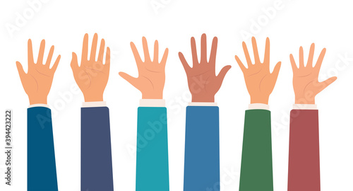 Multicultural crowd of people with hands up, teamwork of multinational team. Male and female hands. Teamwork, friendship, unity, help, volunteering concept. Vector illustration.