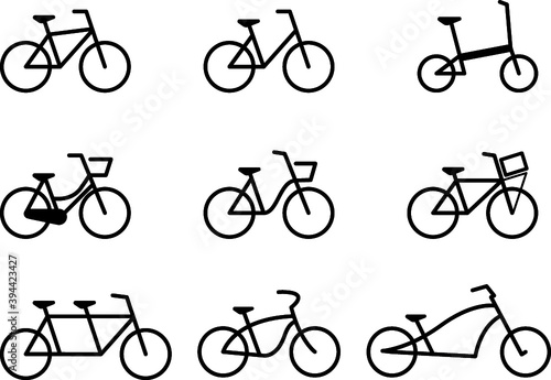 Freizeit Fahrrad Icon Set, Kontur, Flat Design, schwarzweiß, Vektor Grafik