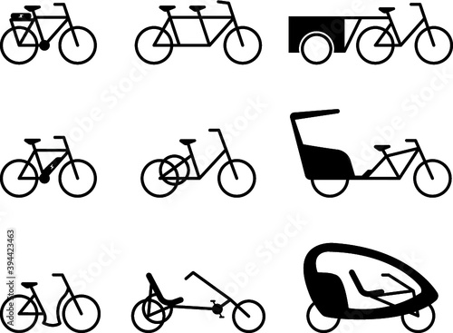 Senioren Fahrrad Icon Set, Kontur, Flat Design, schwarzweiß, Vektor Grafik