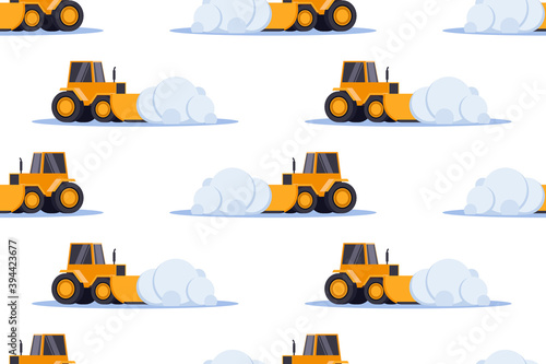seamless pattern with tractor rowing snow. vector illustration.