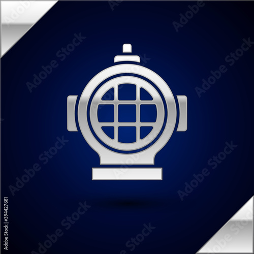 Silver Aqualung icon isolated on dark blue background. Diving helmet. Diving underwater equipment. Vector.