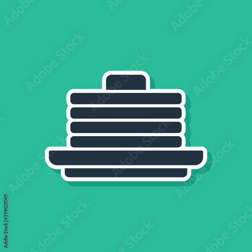 Blue Stack of pancakes icon isolated on green background. Baking with syrup and cherry. Breakfast concept. Vector.