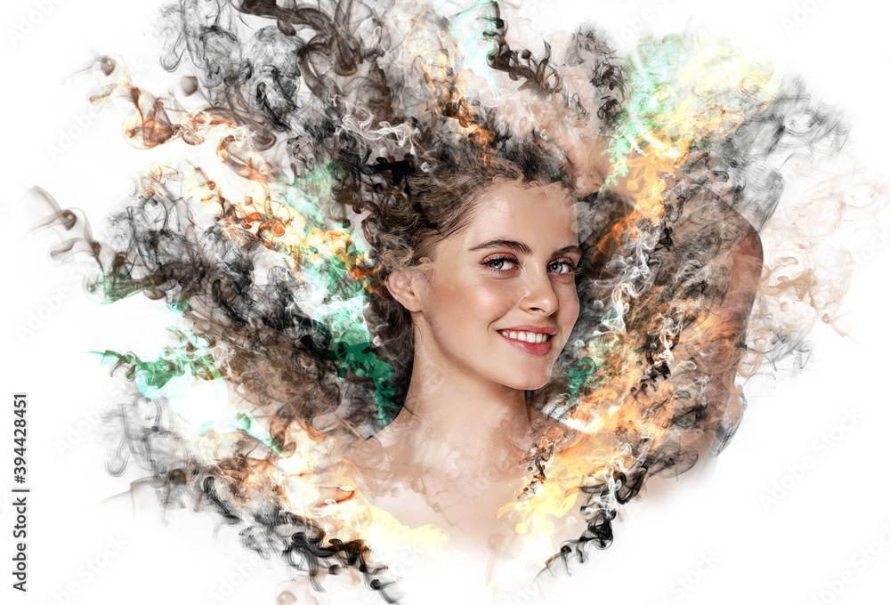 Portrait of a young brunette woman with an illustration of smoke Portrait of a young brunette woman with an illustration of smoke