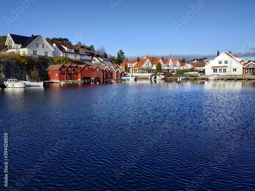 View on landscape near Hollen village bay at summer autumn weather, Norway