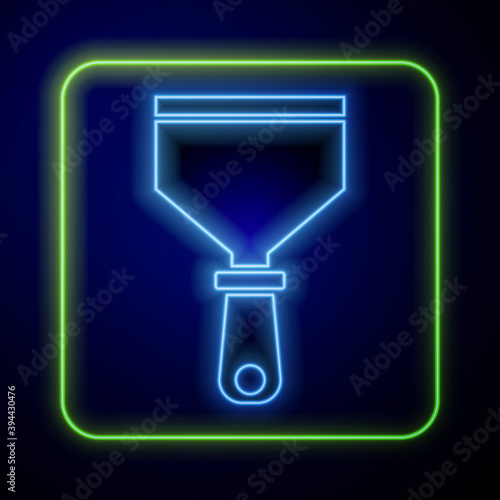 Glowing neon Putty knife icon isolated on blue background. Spatula repair tool. Spackling or paint instruments. Vector.