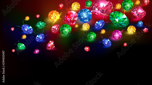 Multicolored (red, pink, yellow, blue and green) rubies scattered on a black background. Vector illustration.