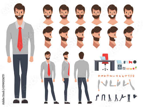 Businessman character creation for animation. Animated face emotion and mouth and hair. Set of businessman doing job flat design.