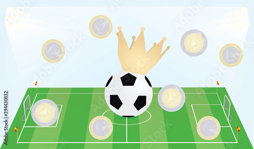 Soccer field with euro coins dropping. vector