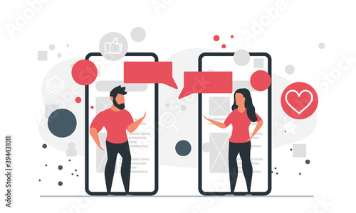 People chatting online via mobile devices. Man and woman communicate through social messengers concept vector illustration