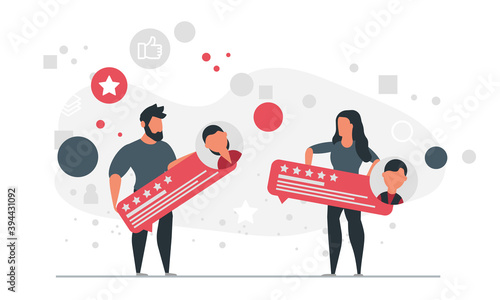 Five stars rating is received by people from their buyers. Man and woman received positive feedback from consumers concept vector illustration