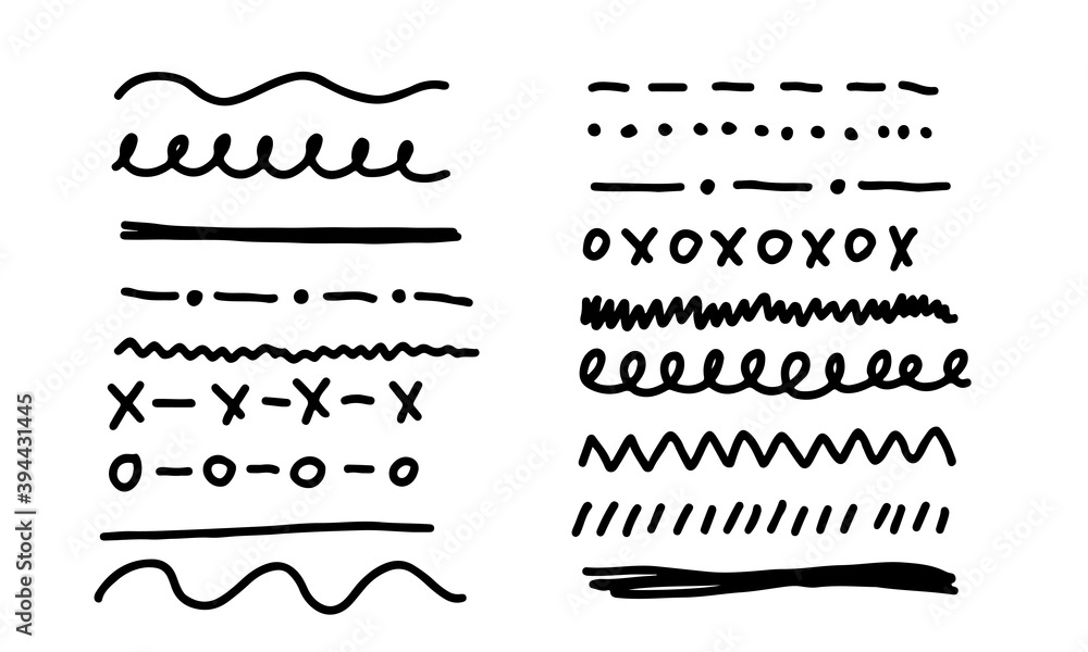 Hand-drawn lines and dividers in various styles. Black-white outline decorative shapes. Set of doodle border lines vector illustration concept