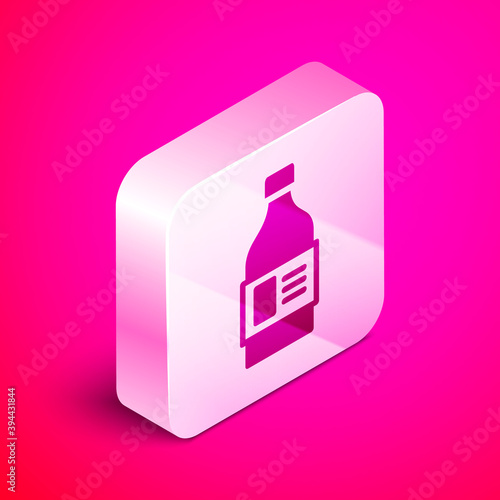 Isometric Plastic bottle for laundry detergent, bleach, dishwashing liquid or another cleaning agent icon isolated on pink background. Silver square button. Vector.