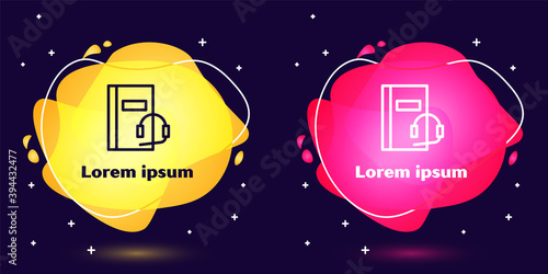 Set line Audio book icon isolated on blue background. Book with headphones. Audio guide sign. Online learning concept. Abstract banner with liquid shapes. Vector Illustration.