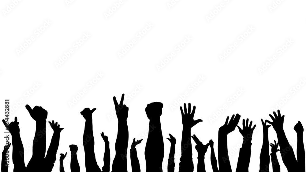 People raise hands, silhouette of human cheerful crowd, sports fans or fans at concert. Isolated animation. People raise hands, silhouette of human cheerful crowd, sports fans or fans at concert. Isolated animation.