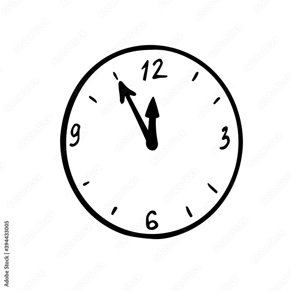 Hand drawn outline image of a clock. Vector Illustration, isolated on white background. Christmas icon in doodle sketch style. 23:55 time. Element of festive decor. Hand drawn outline image of a clock. Vector Illustration, isolated on white background. Christmas icon in doodle sketch style. 23:55 time. Element of festive decor.