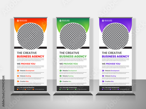 Roll up banner stand template design,green, orange,pink banner layout, advertisement, pull up, vector, x-banner