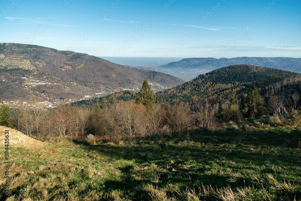 Polish mountains in Silesia Beskid in Szczyrk. Skrzyczne hill inPoland in autumn, fall season aerial drone photo Polish mountains in Silesia Beskid in Szczyrk. Skrzyczne hill inPoland in autumn, fall season aerial drone photo