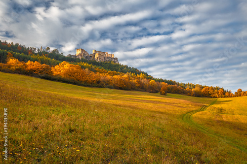 Autumn rural landscape. The medieval castle Lietava, Slovakia, Europe.