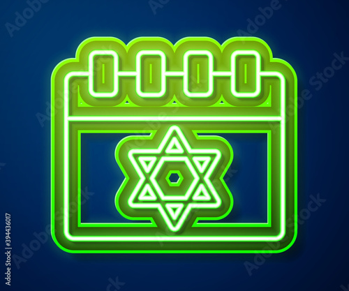 Glowing neon line Jewish calendar with star of david icon isolated on blue background. Hanukkah calendar day. Vector.