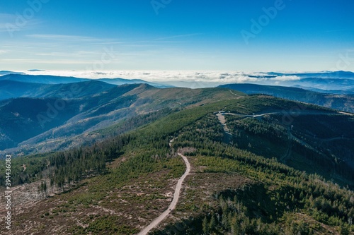 Fototapeta Naklejka Na Ścianę i Meble -  Polish mountains in Silesia Beskid in Szczyrk. Skrzyczne hill inPoland in autumn, fall season aerial drone photo