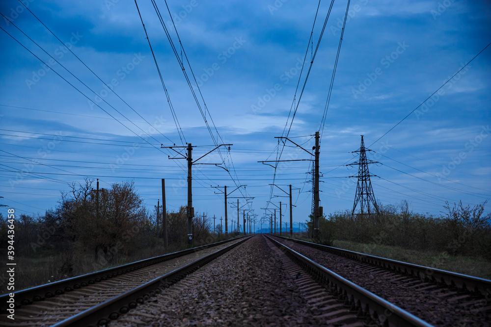 Railroad branch in cloudy morning or evening