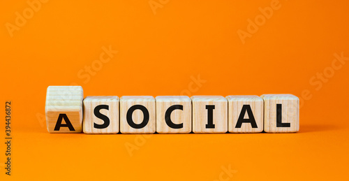Social or asocial. Fliped wooden cubes and changed the word 'asocial' to 'social' or vice versa. Beautiful orange background, copy space. Business and asocial or social concept. photo