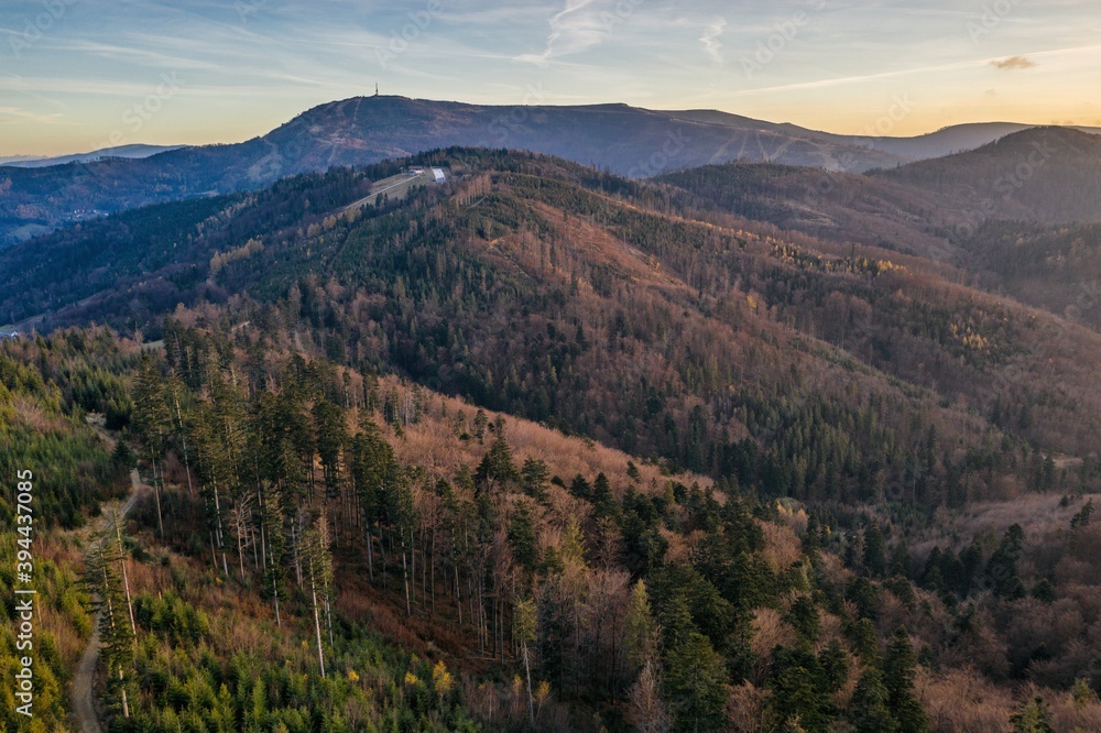 Polish mountains in Silesia Beskid in Szczyrk. Skrzyczne hill inPoland in autumn, fall season aerial drone photo Polish mountains in Silesia Beskid in Szczyrk. Skrzyczne hill inPoland in autumn, fall season aerial drone photo