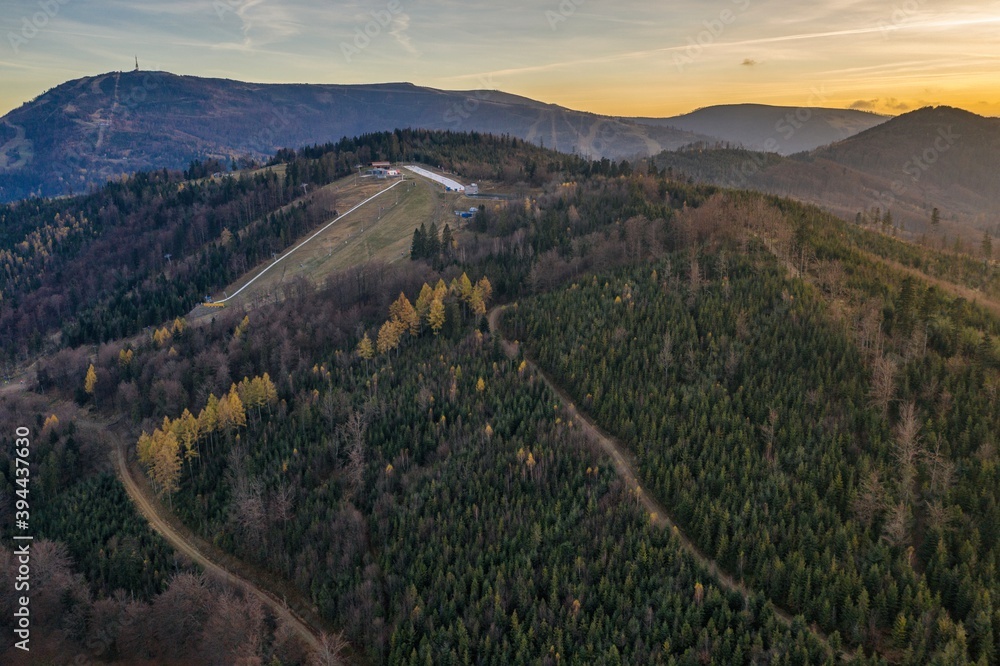 Polish mountains in Silesia Beskid in Szczyrk. Skrzyczne hill inPoland in autumn, fall season aerial drone photo